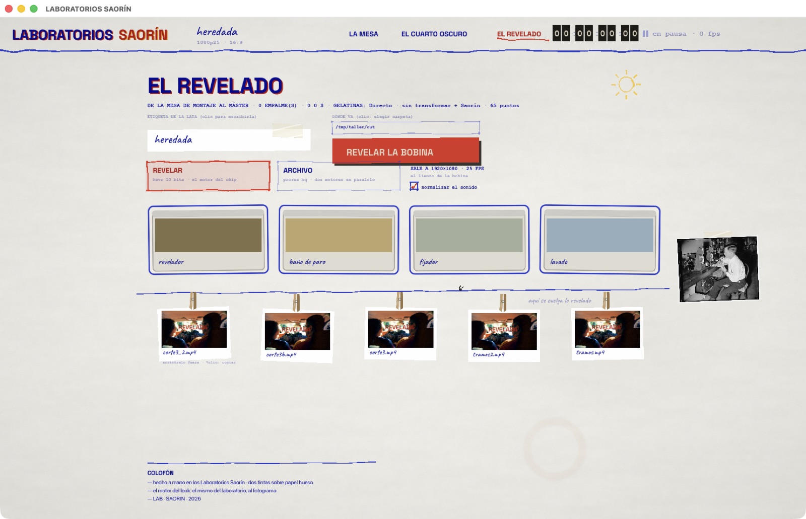 La sala de revelado: cubetas de químicos y la cuerda de secado con los másteres colgados